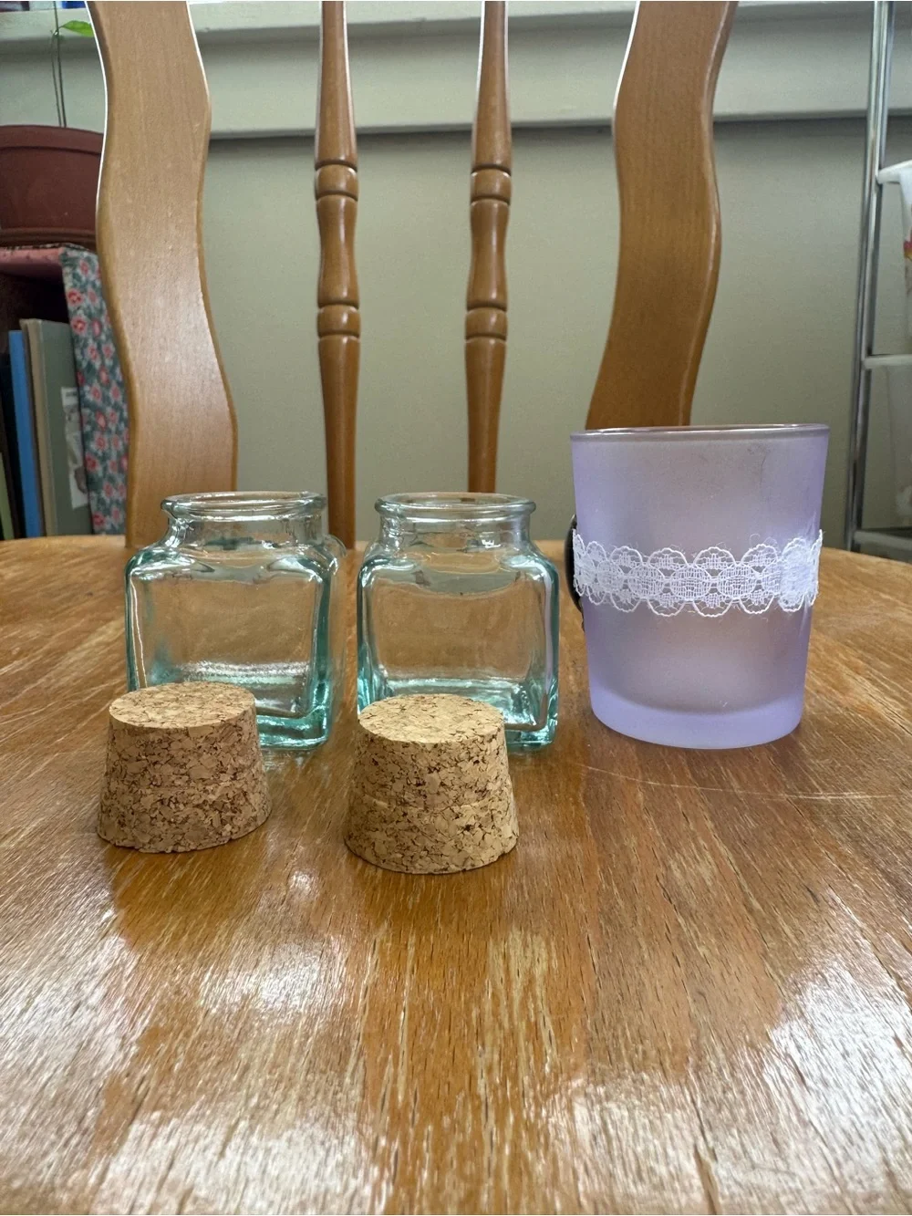 Set of 2 Mini Glasses Jars and 1 Votive Candle Holder.